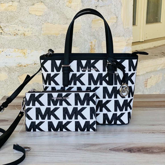 Michael Kors Jet Graphic MK XS small tote&wallet white black